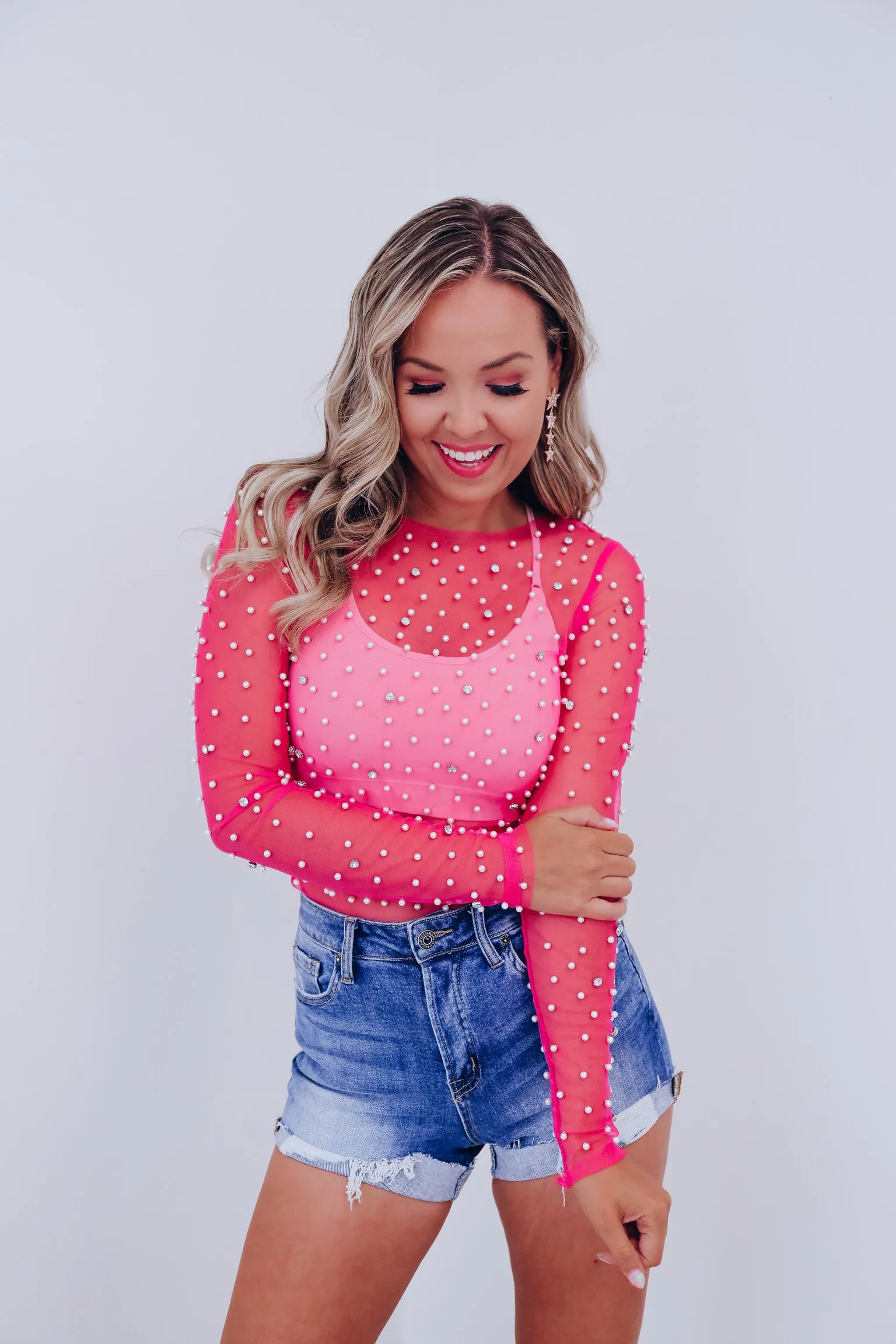 Pearly Rhinestone Mesh Crop Top - Pink