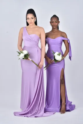 PENELOPE Off Shoulder Bridesmaids Maxi Dress with Bow Train and Side Split - Lavender Purple