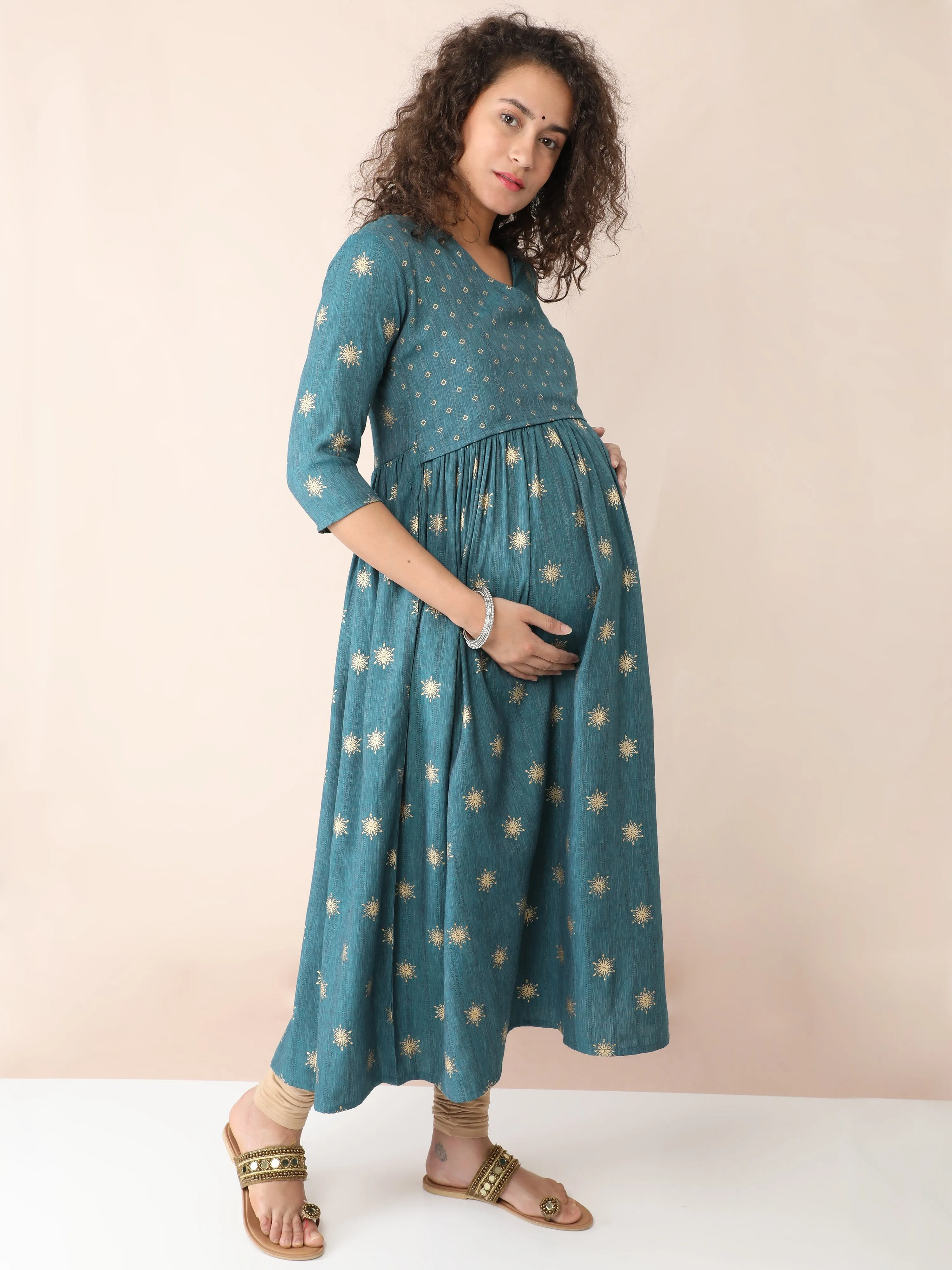 Pine Green Angarkha Maternity and Nursing Kurti