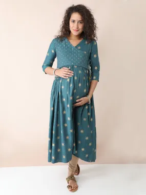 Pine Green Angarkha Maternity and Nursing Kurti