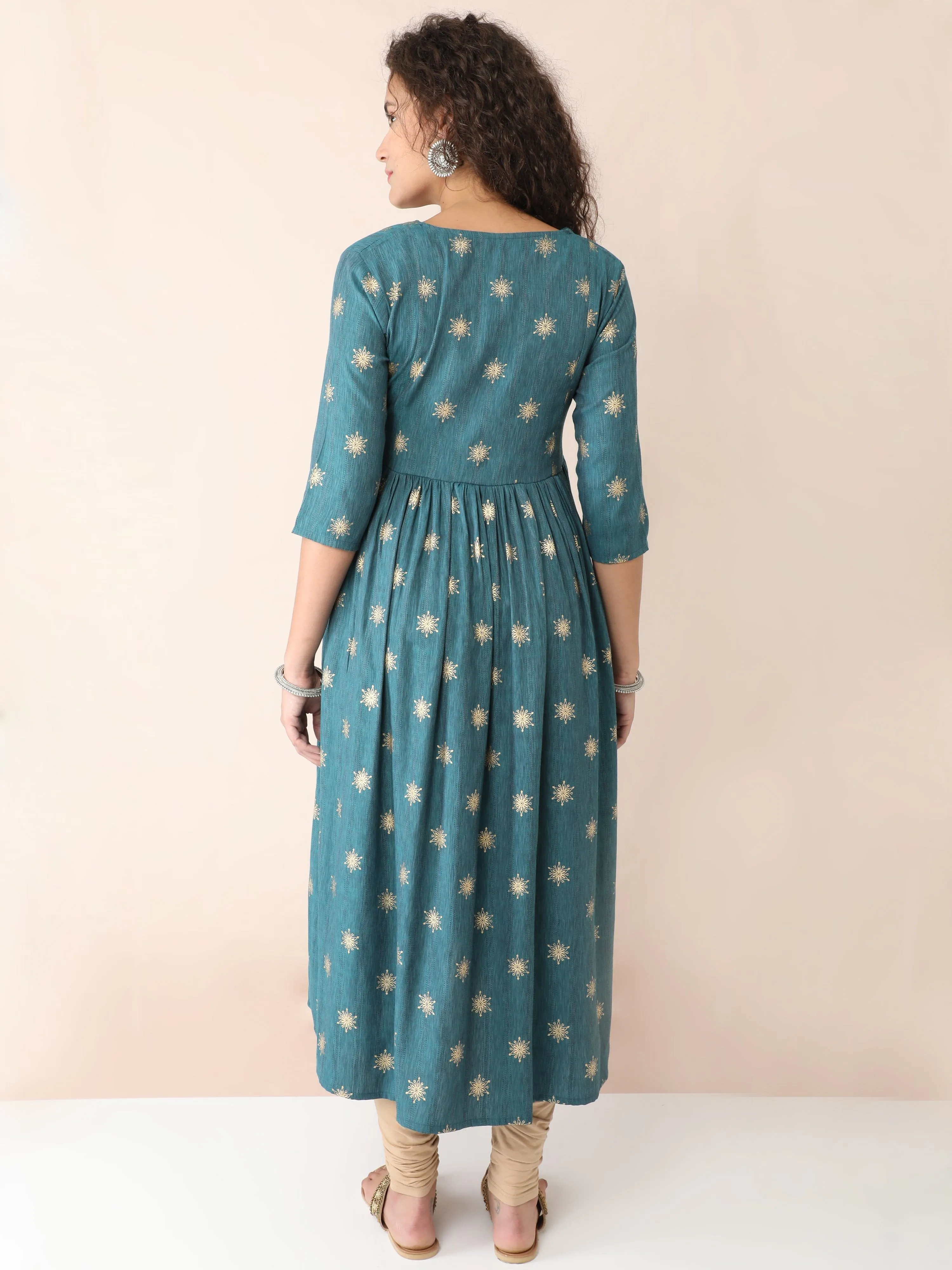 Pine Green Angarkha Maternity and Nursing Kurti