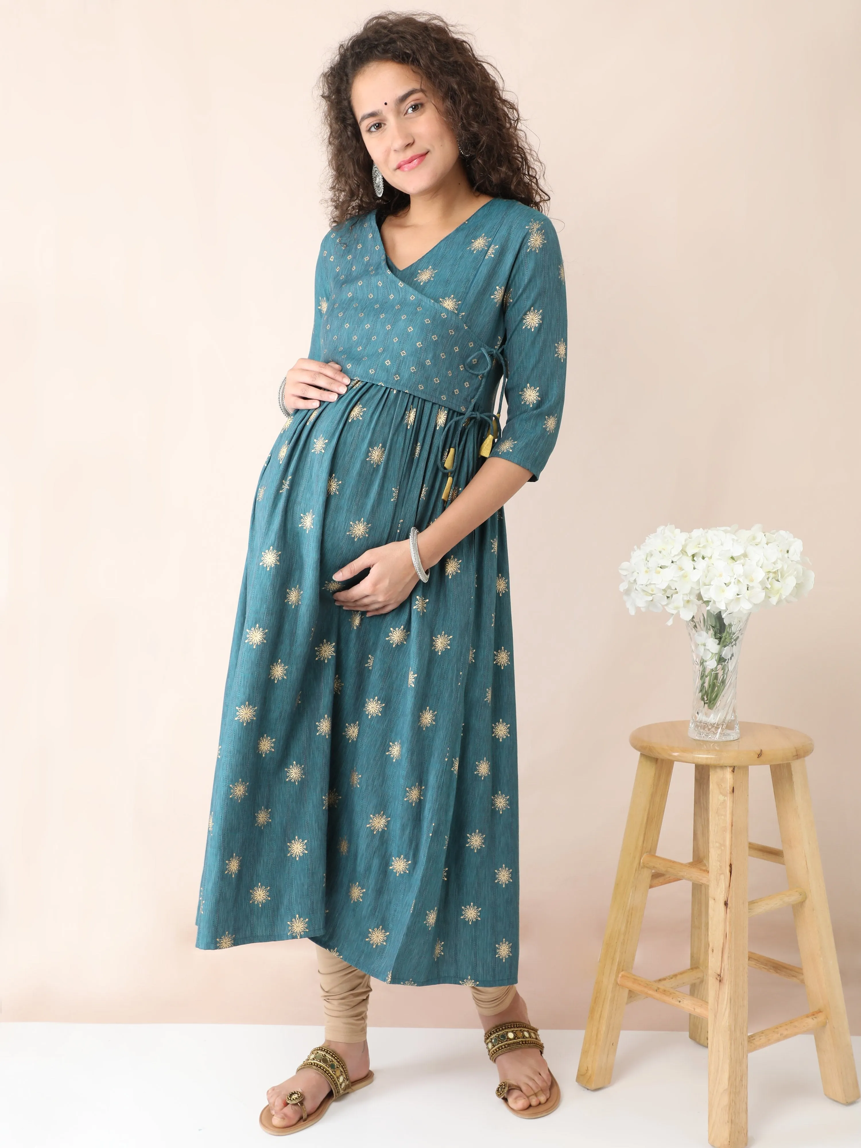 Pine Green Angarkha Maternity and Nursing Kurti