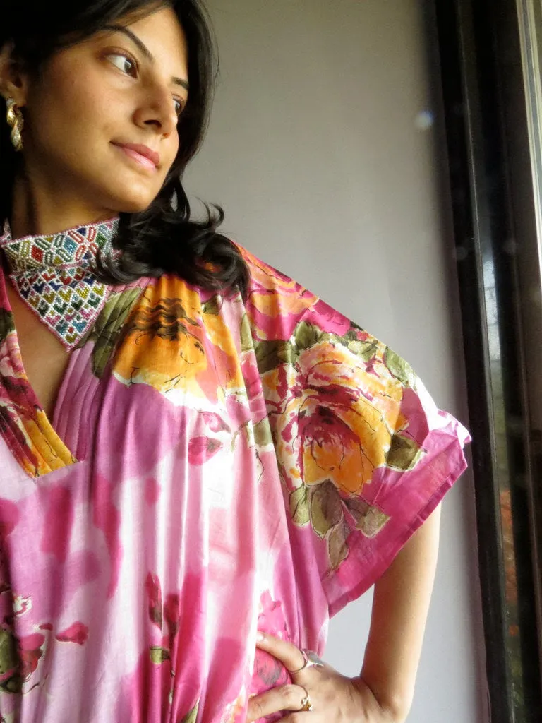 Pink Large Floral Blossom V-Neck, Ankle Length, Cinched Waist Caftan