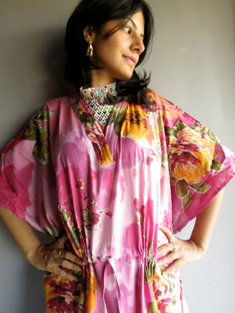 Pink Large Floral Blossom V-Neck, Ankle Length, Cinched Waist Caftan