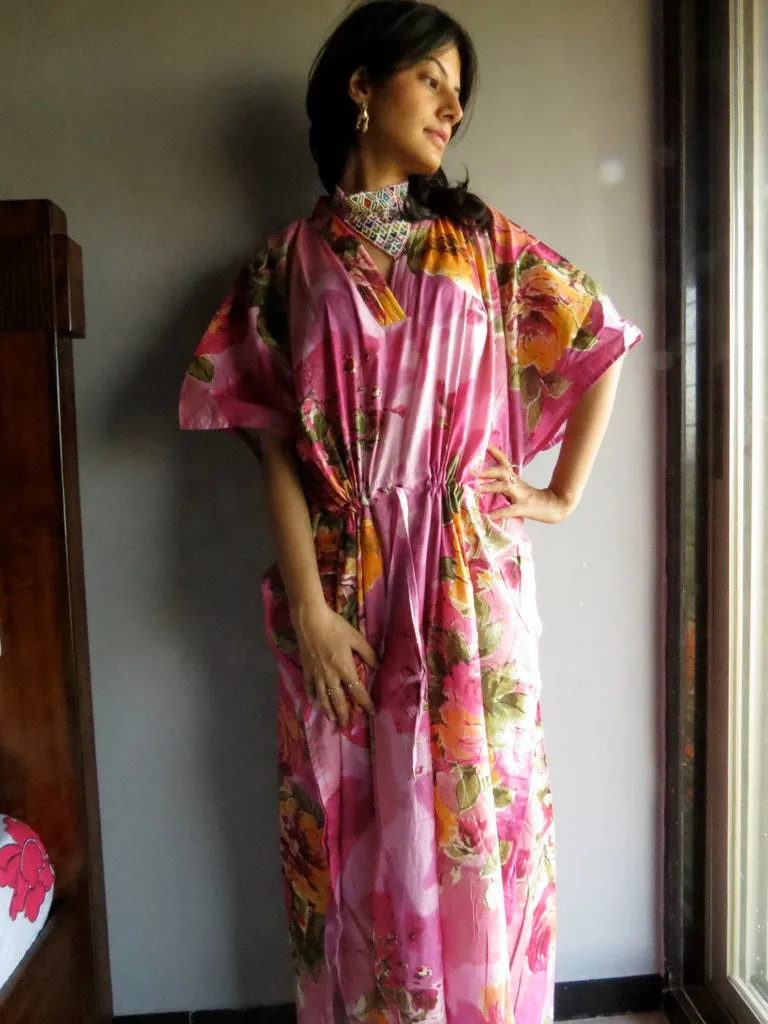 Pink Large Floral Blossom V-Neck, Ankle Length, Cinched Waist Caftan