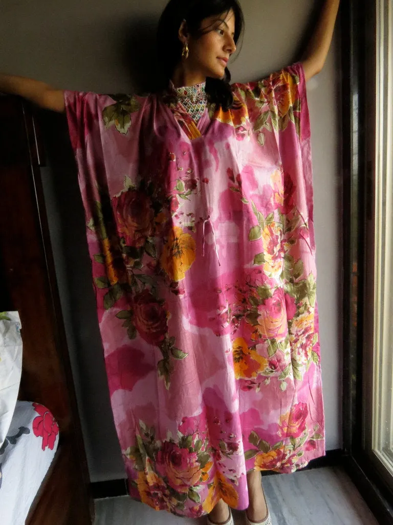 Pink Large Floral Blossom V-Neck, Ankle Length, Cinched Waist Caftan