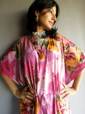 Pink Large Floral Blossom V-Neck, Ankle Length, Cinched Waist Caftan