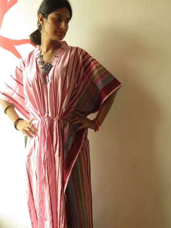 Pink Striped V-Neck, Ankle Length, Cinched Waist Caftan