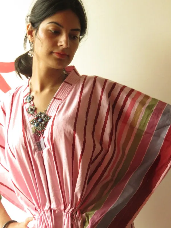 Pink Striped V-Neck, Ankle Length, Cinched Waist Caftan