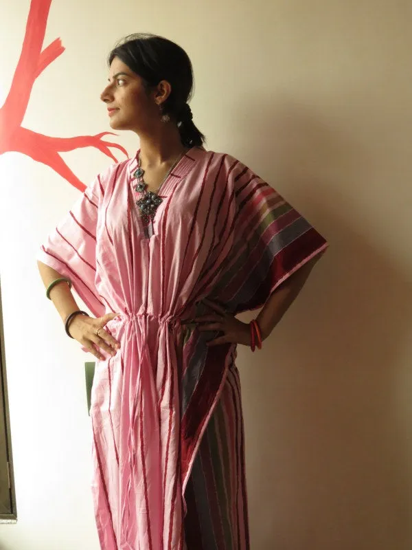 Pink Striped V-Neck, Ankle Length, Cinched Waist Caftan