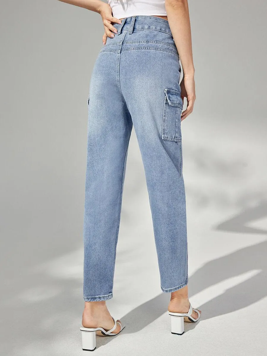 Plain Button Front Pocket Carrot Jeans