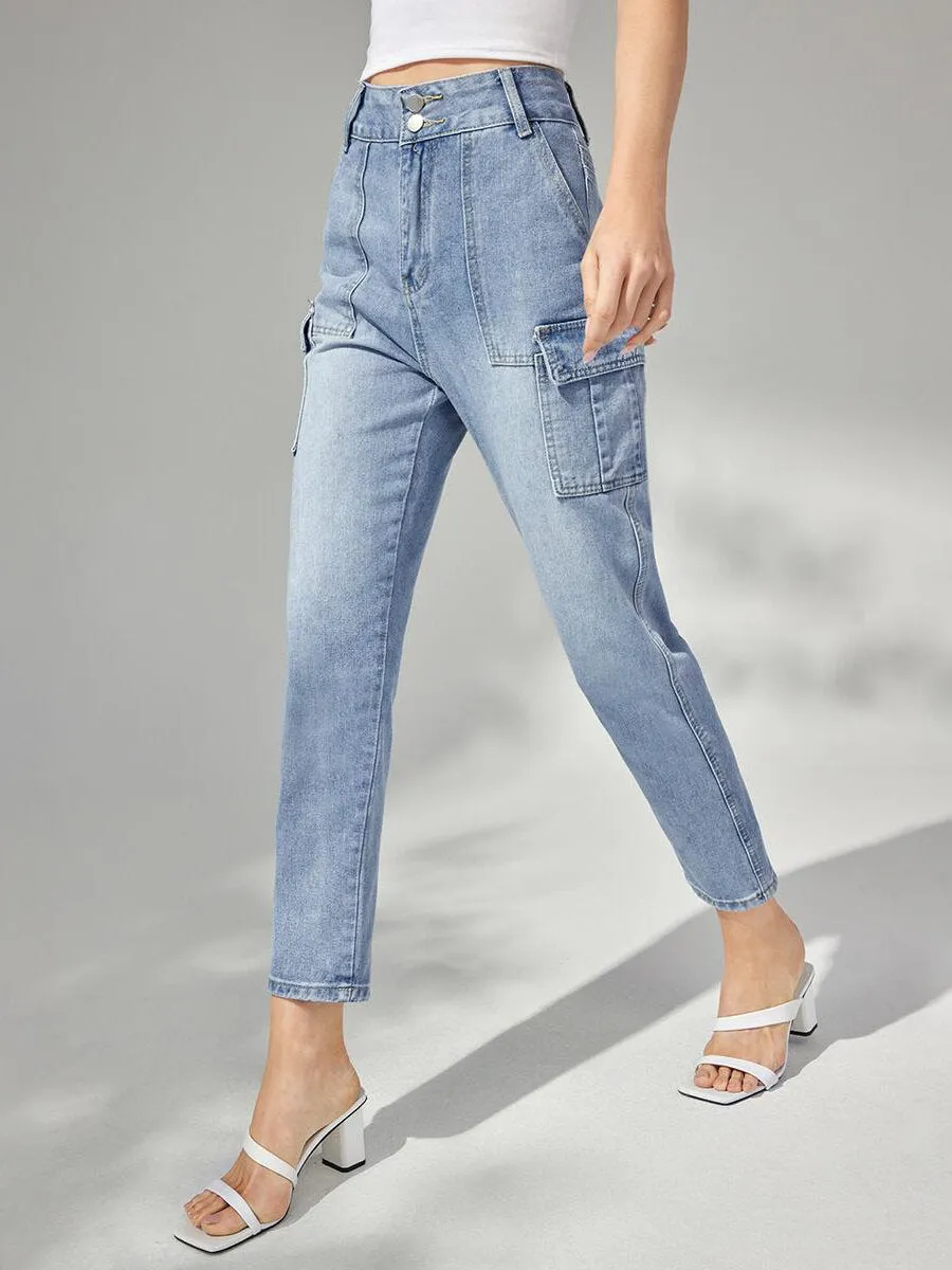 Plain Button Front Pocket Carrot Jeans