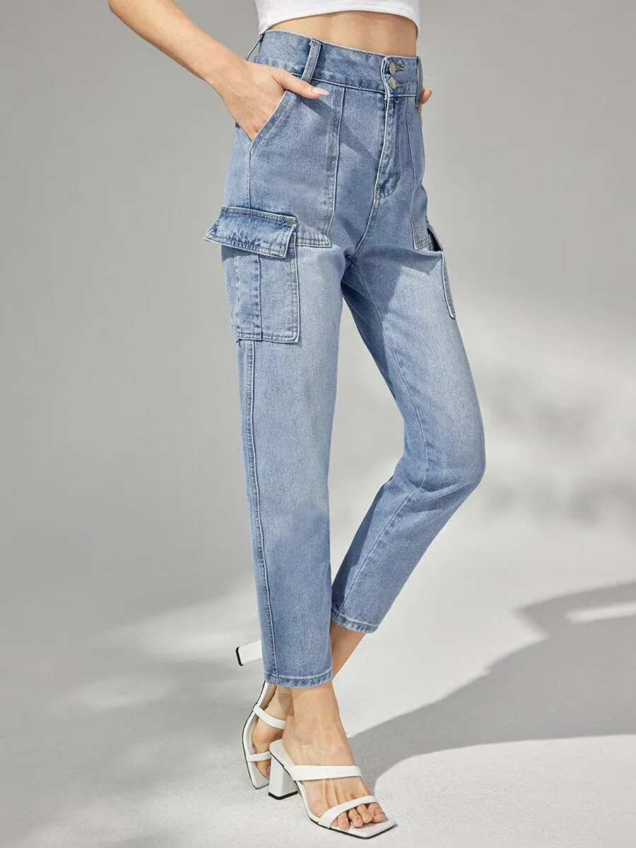 Plain Button Front Pocket Carrot Jeans