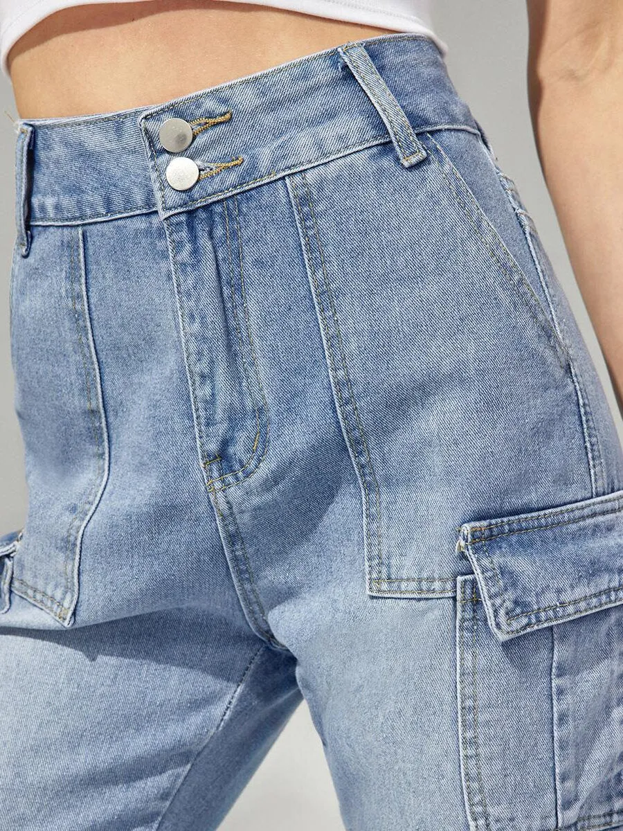 Plain Button Front Pocket Carrot Jeans