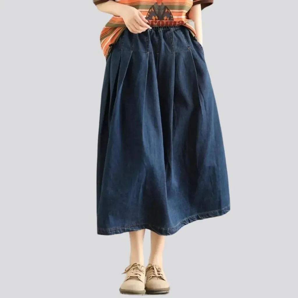 Pleated-waistline denim skirt for women