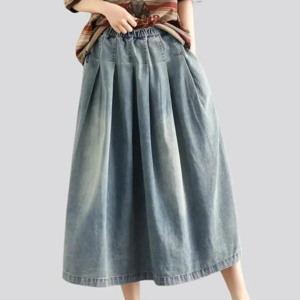 Pleated-waistline denim skirt for women