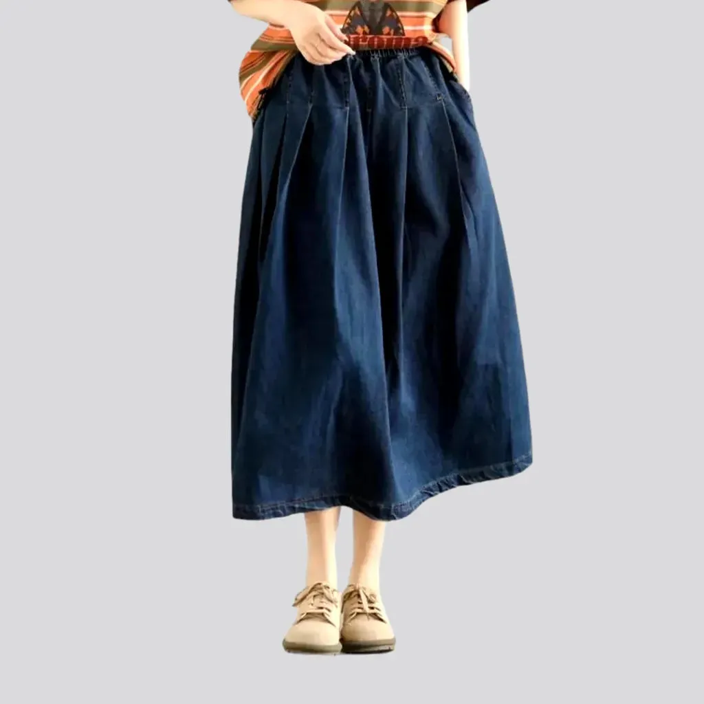 Pleated-waistline denim skirt for women