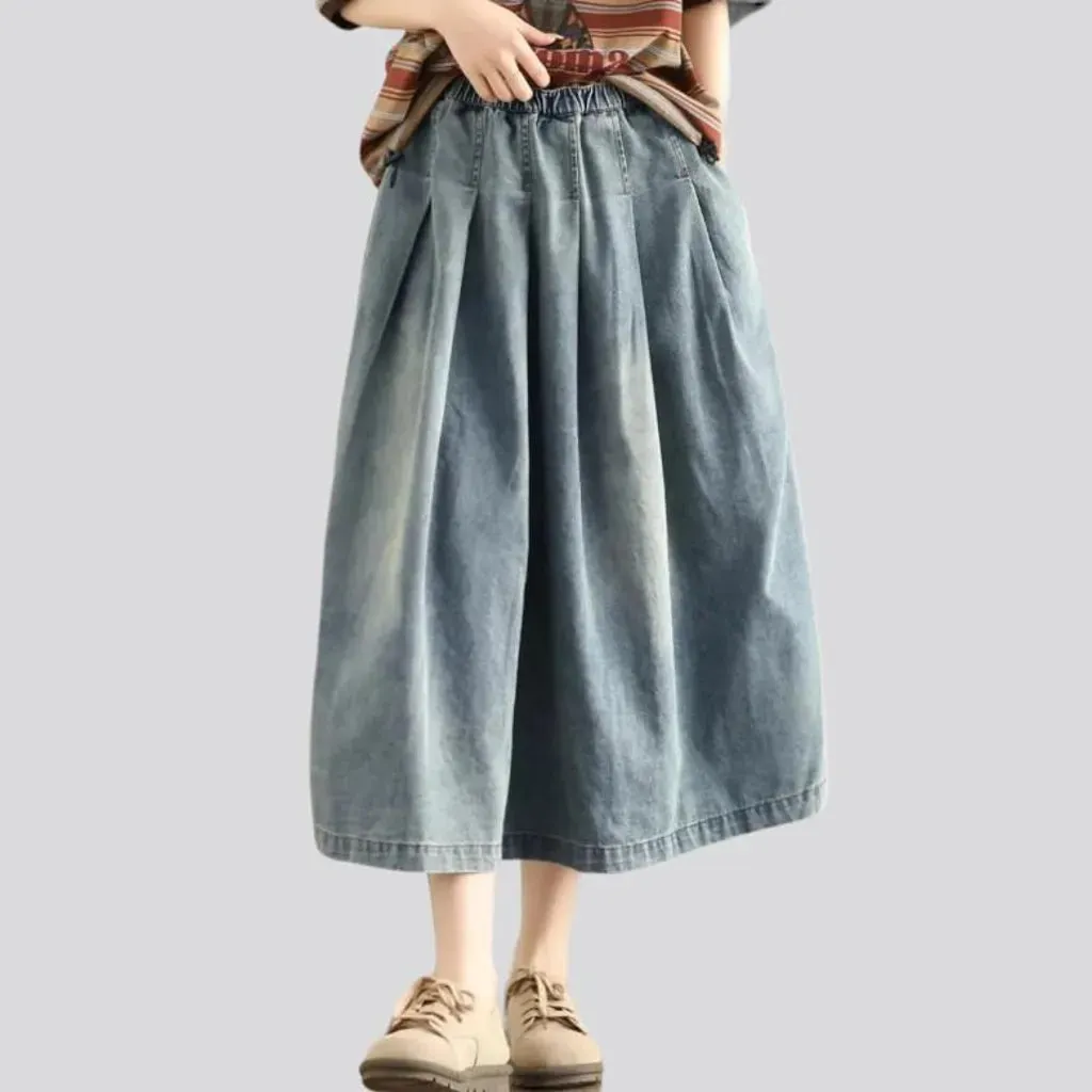 Pleated-waistline denim skirt for women