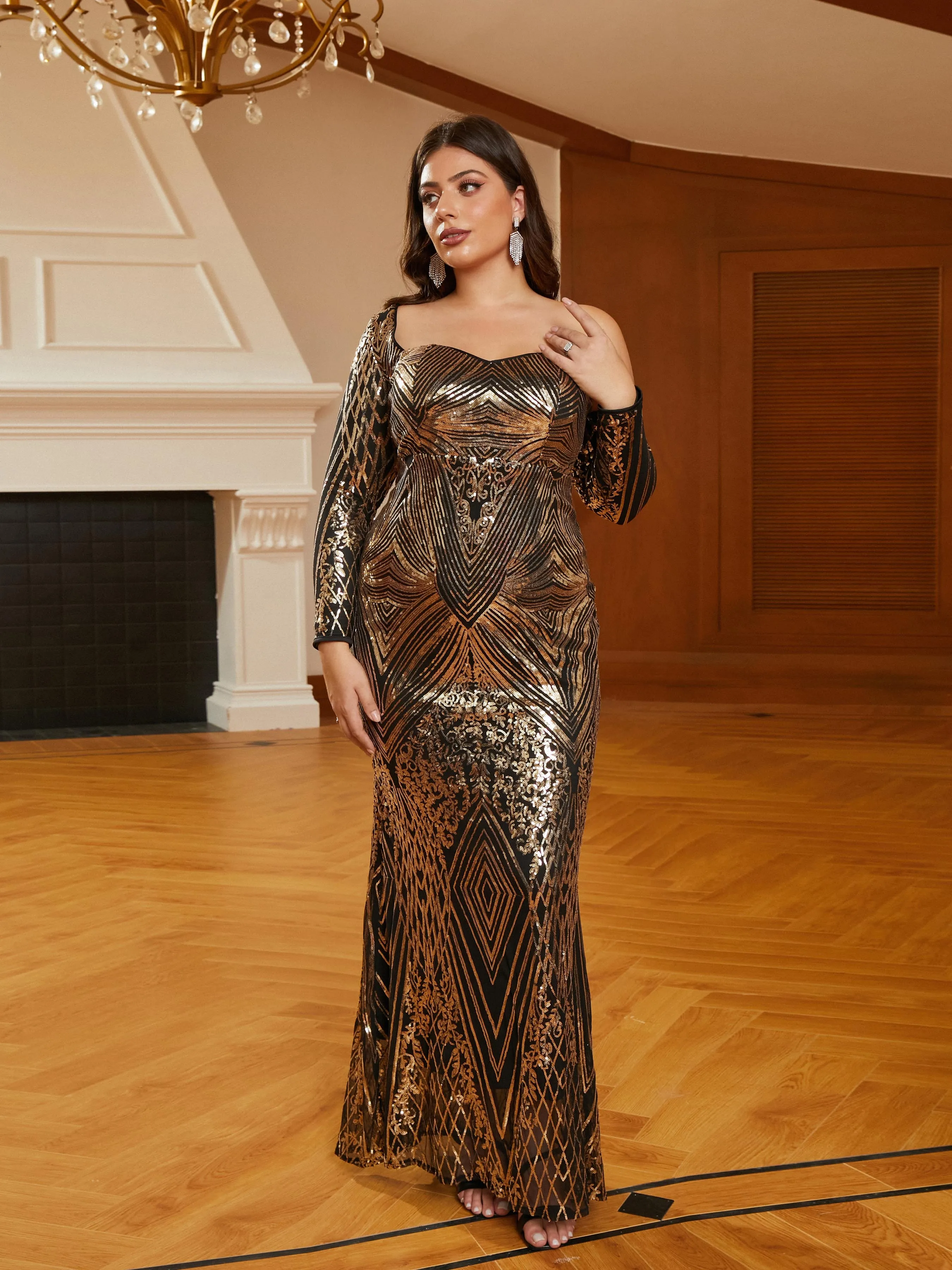 Plus Size One Shoulder Sequin Black Gold Formal Dress PJM102L