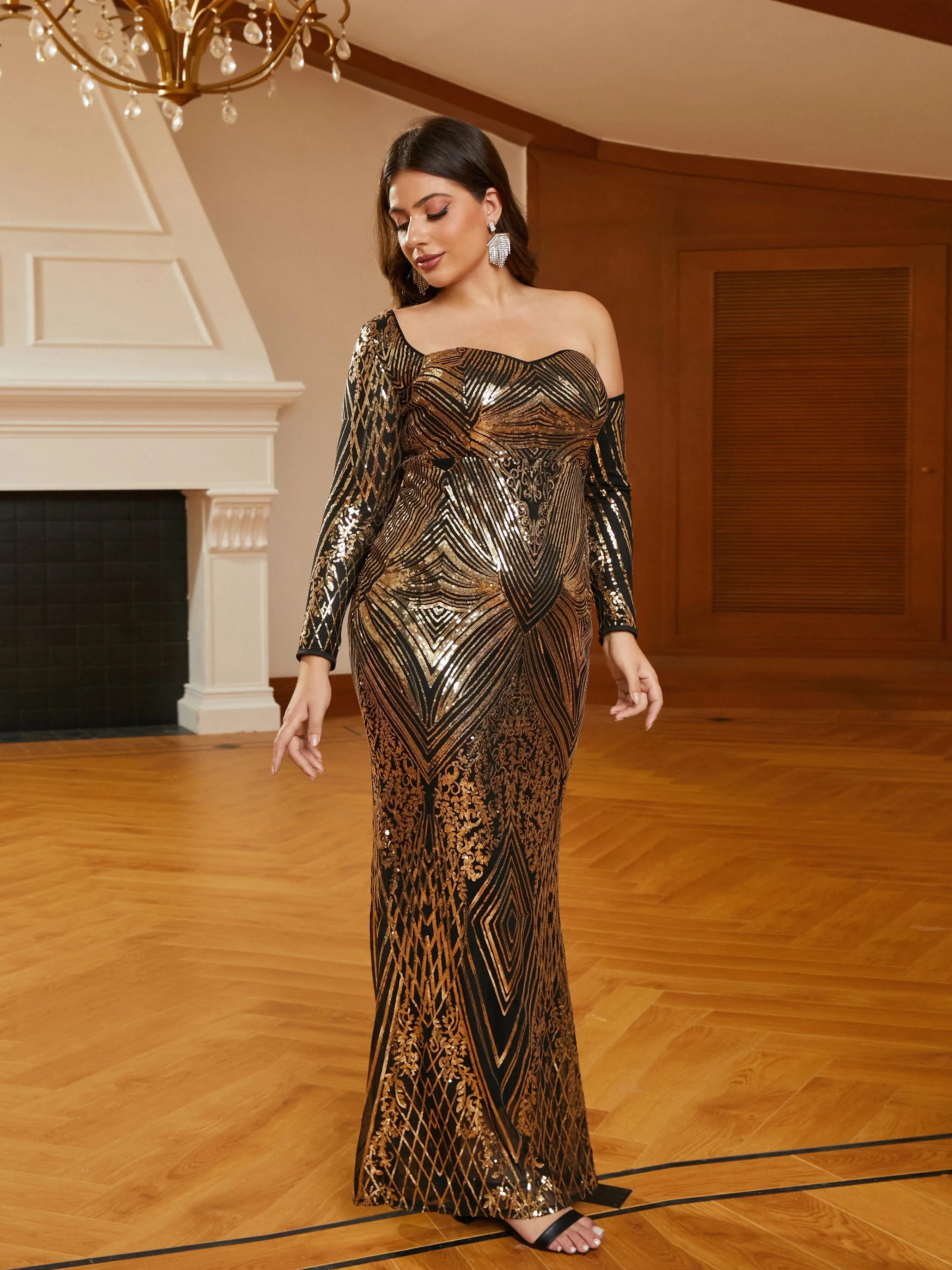 Plus Size One Shoulder Sequin Black Gold Formal Dress PJM102L