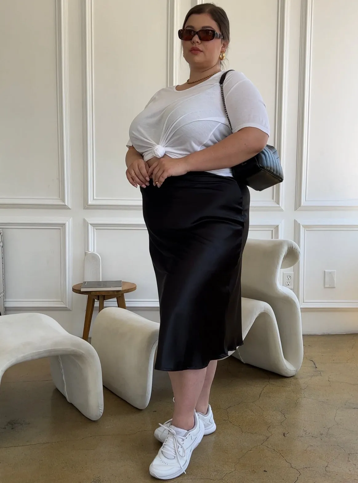 Plus Size Satin Midi Skirt