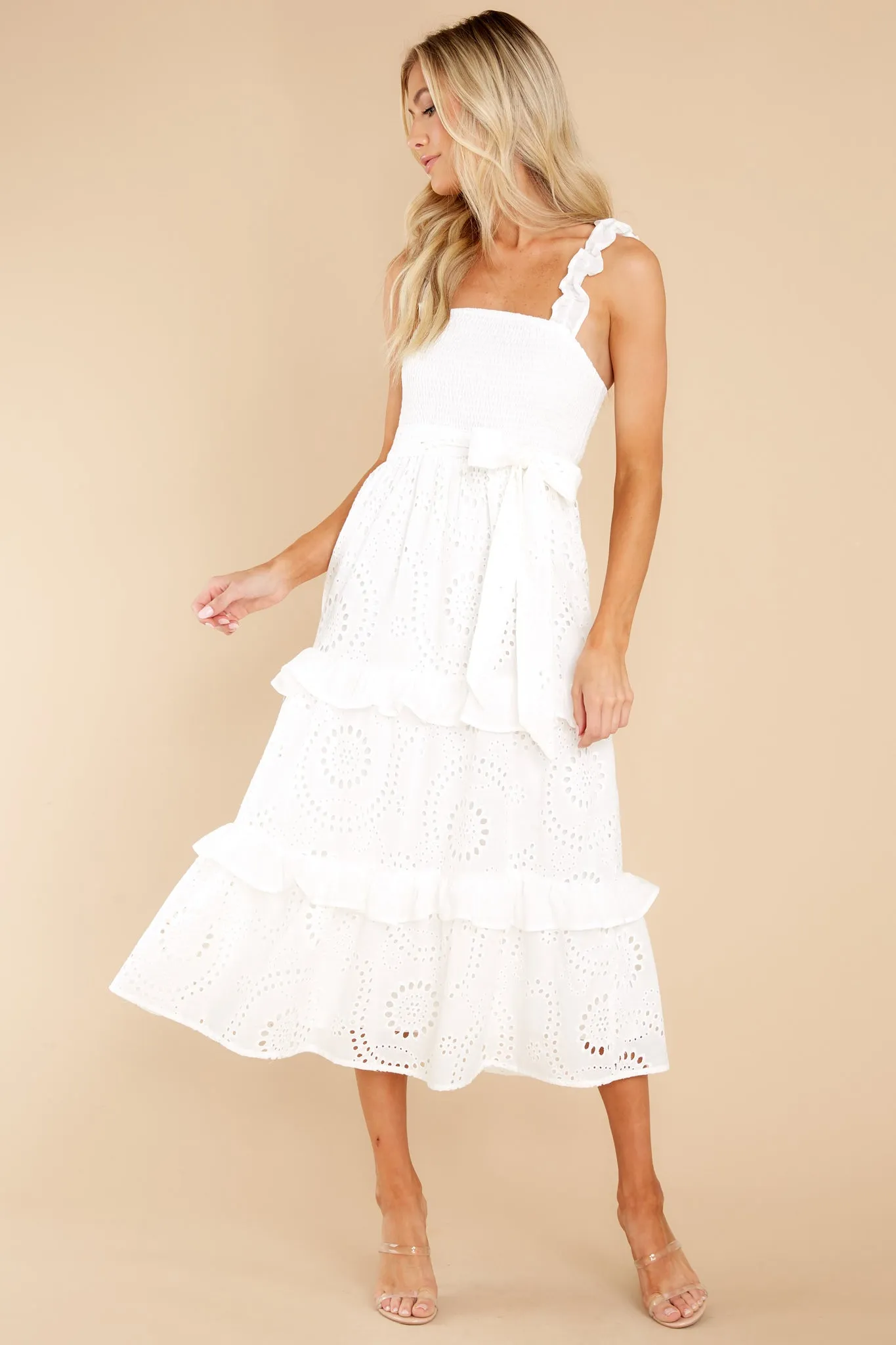 Pure Elegance White Eyelet Midi Dress