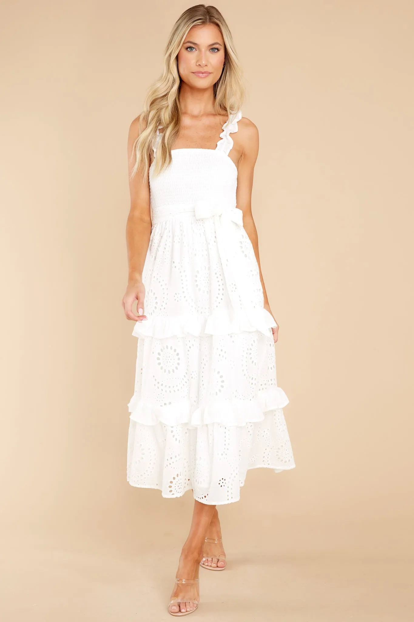 Pure Elegance White Eyelet Midi Dress