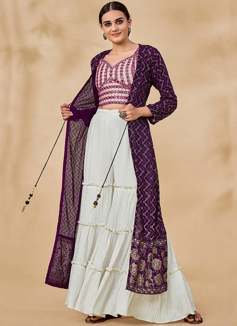 Purple And White Embroidered Jacket Style Palazzo Suit