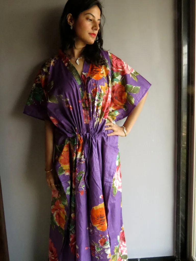 Purple Multicolor Big Flower V-Neck Button Down to Waist, Ankle Length, Cinched Waist Caftan-D7 fabric Code