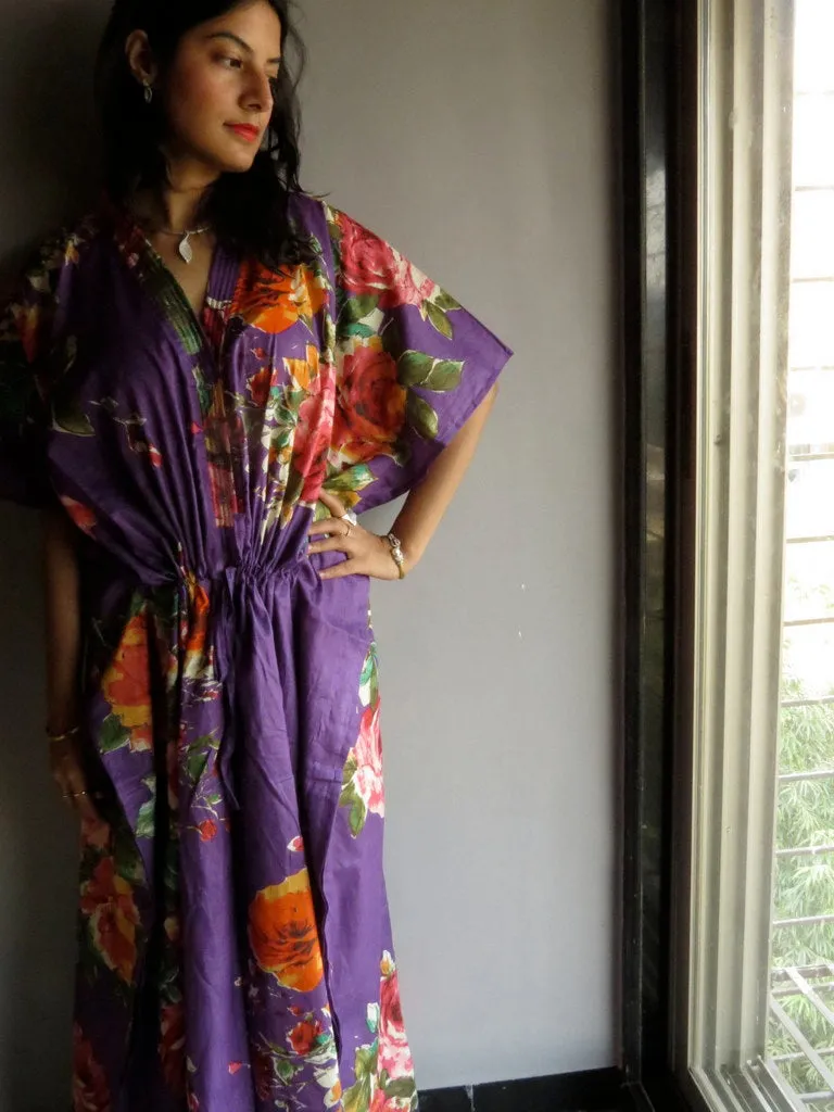 Purple Multicolor Big Flower V-Neck Button Down to Waist, Ankle Length, Cinched Waist Caftan-D7 fabric Code