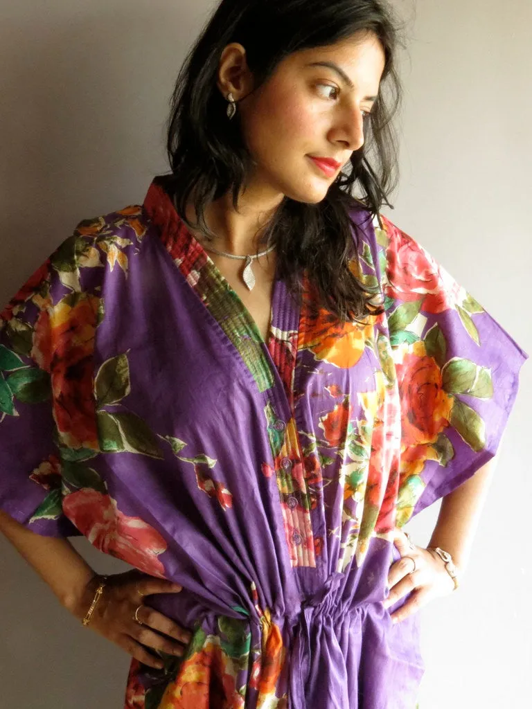 Purple Multicolor Big Flower V-Neck Button Down to Waist, Ankle Length, Cinched Waist Caftan-D7 fabric Code