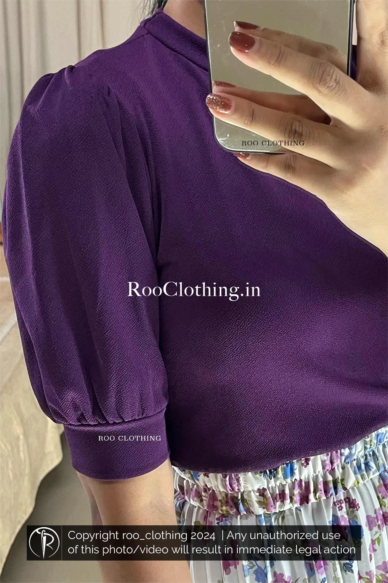 Purple Shade Crew Neck Puff Sleeves Top Only