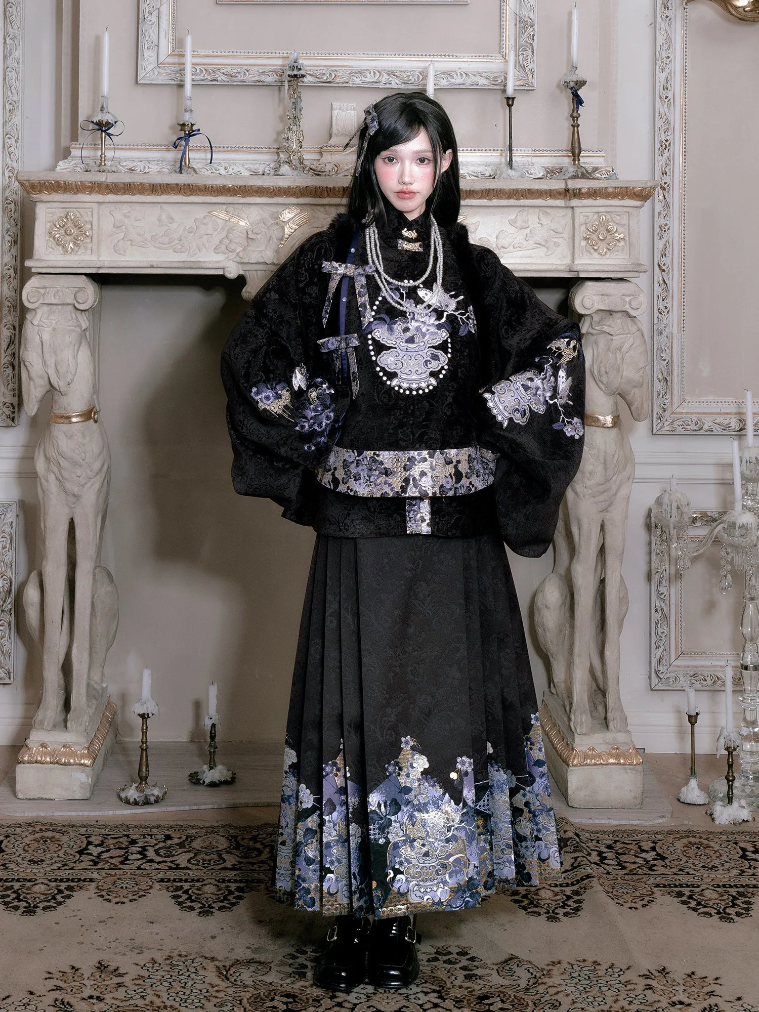 Qinghua Dianmo 青花点墨 Porcelain Ink Modern Ming Bijia Vest & Mamian Skirt Set