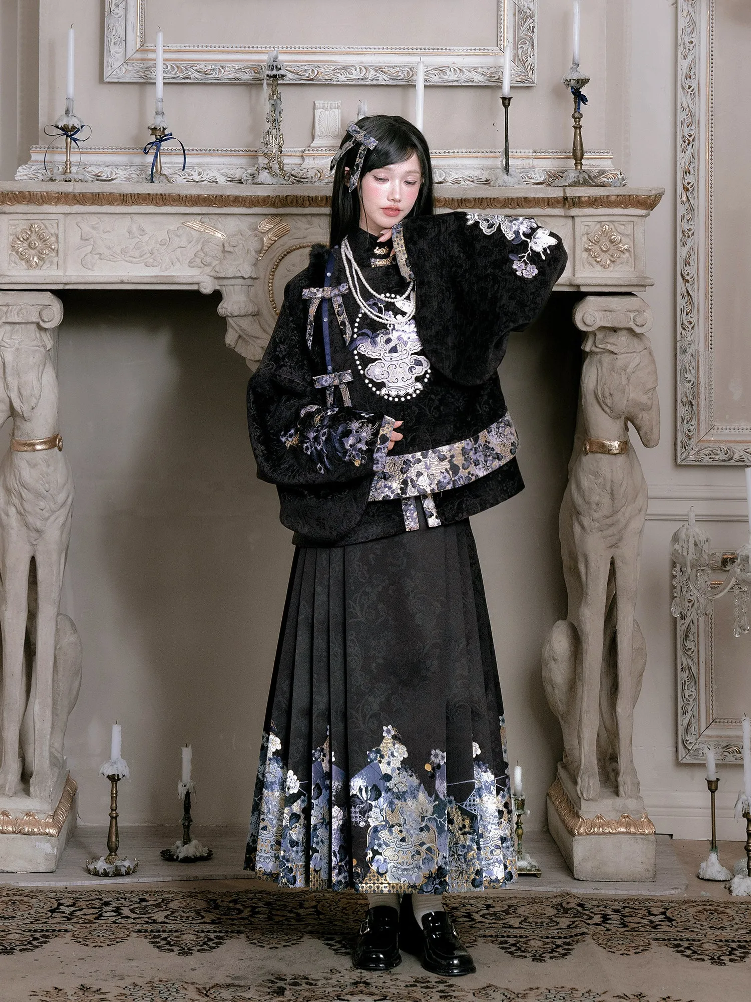 Qinghua Dianmo 青花点墨 Porcelain Ink Modern Ming Bijia Vest & Mamian Skirt Set