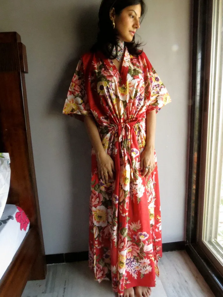 Red Floral Rosy Red Posy V-Neck, Ankle Length, Cinched Waist Caftan