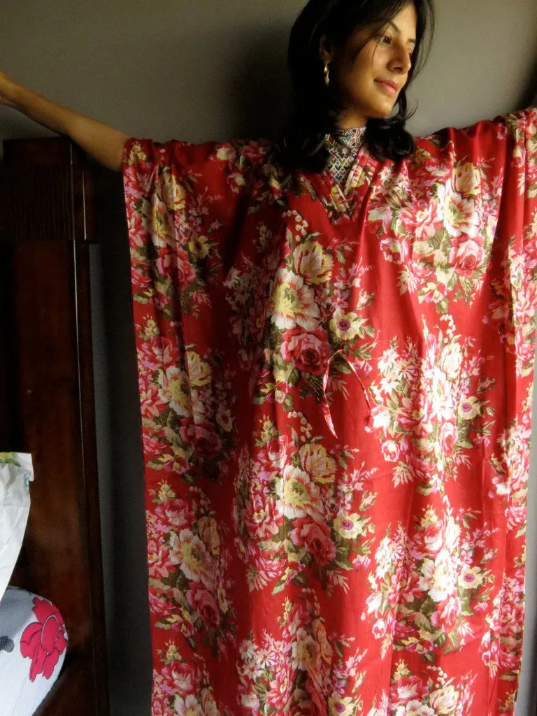 Red Floral Rosy Red Posy V-Neck, Ankle Length, Cinched Waist Caftan