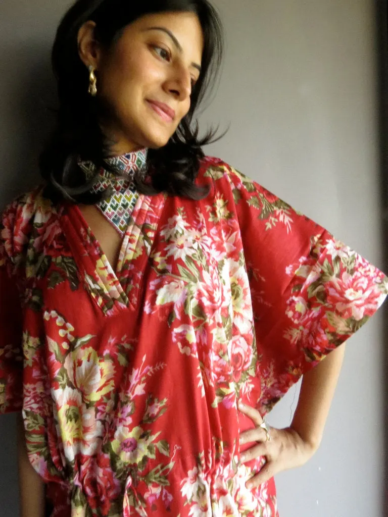 Red Floral Rosy Red Posy V-Neck, Ankle Length, Cinched Waist Caftan