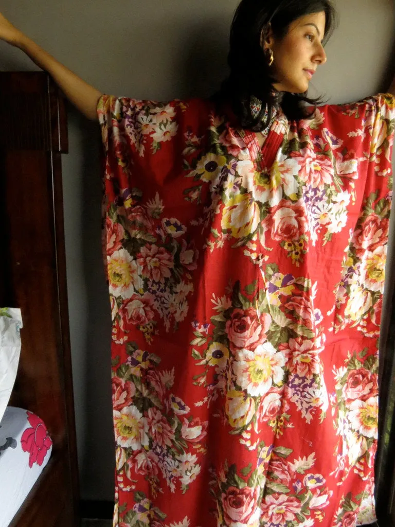 Red Floral Rosy Red Posy V-Neck, Ankle Length, Cinched Waist Caftan