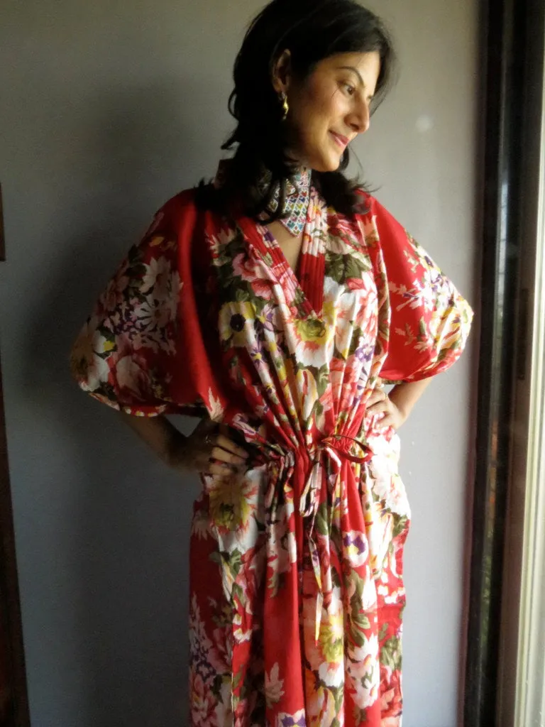 Red Floral Rosy Red Posy V-Neck, Ankle Length, Cinched Waist Caftan