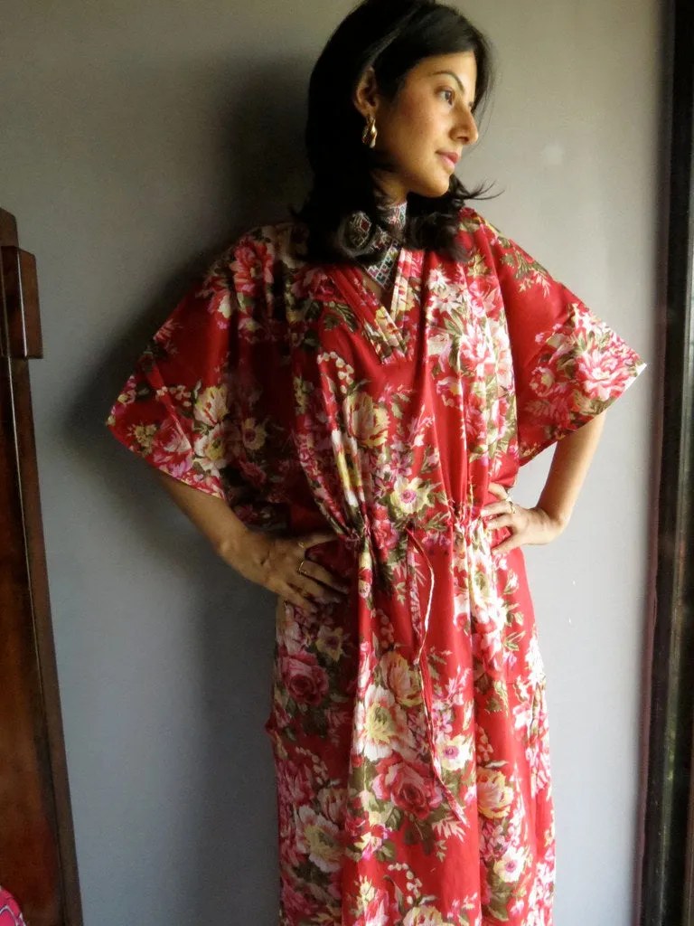 Red Floral Rosy Red Posy V-Neck, Ankle Length, Cinched Waist Caftan