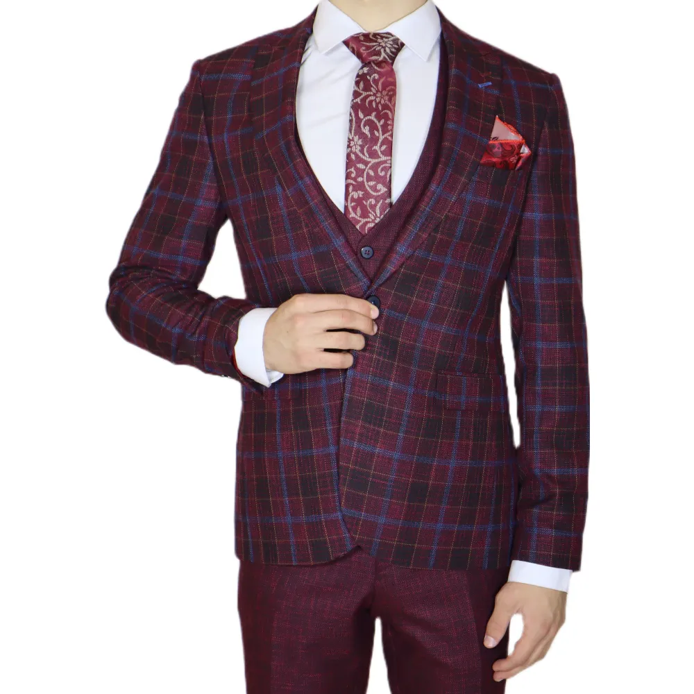 Red/Blue Avanti Milano Window Pane Patterned Three Piece Suit