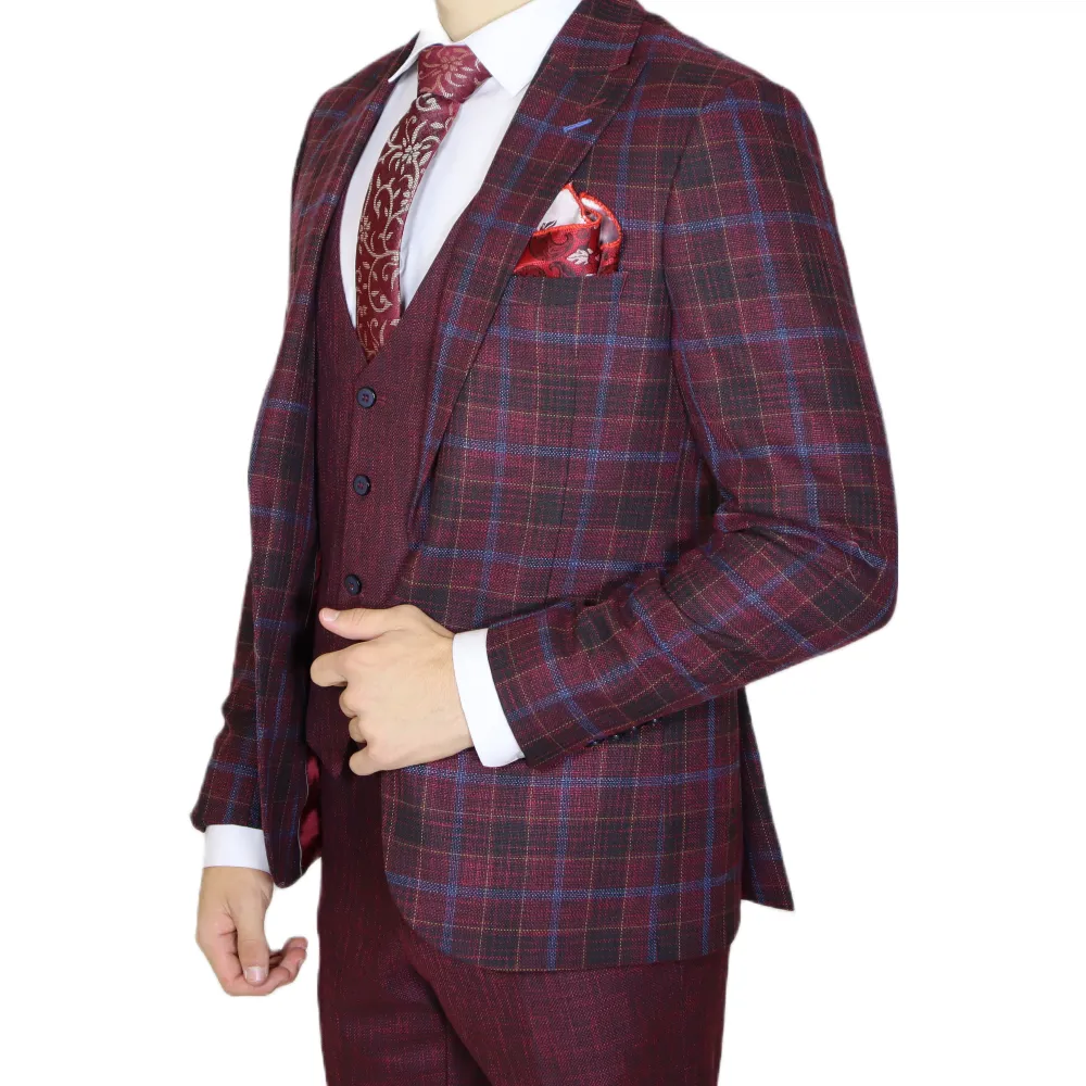 Red/Blue Avanti Milano Window Pane Patterned Three Piece Suit