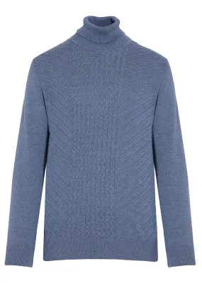 Regular Fit Patterned Cotton Blend Ecru Turtleneck Sweater, Denim