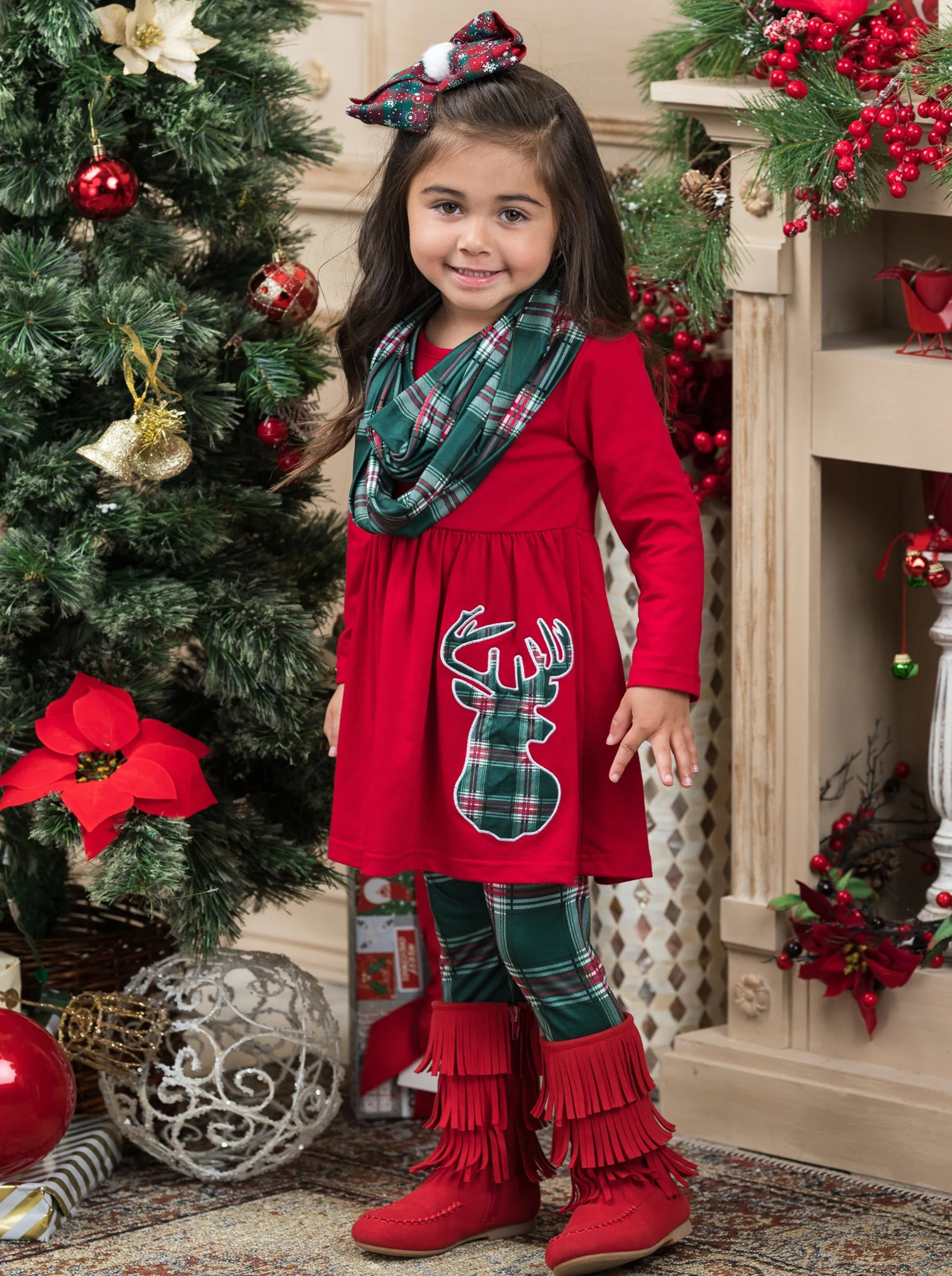 Reindeer Slay Plaid Tunic, Scarf, And Legging Set