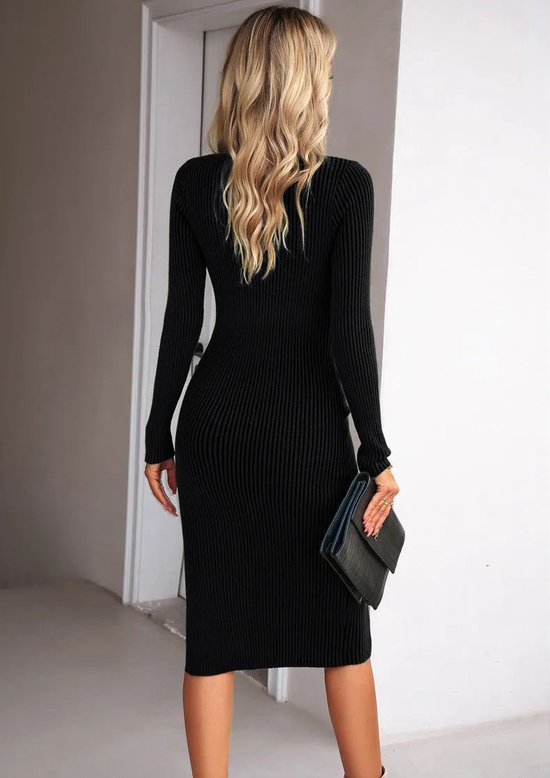 Rib-Knit Slit Sweater Dress