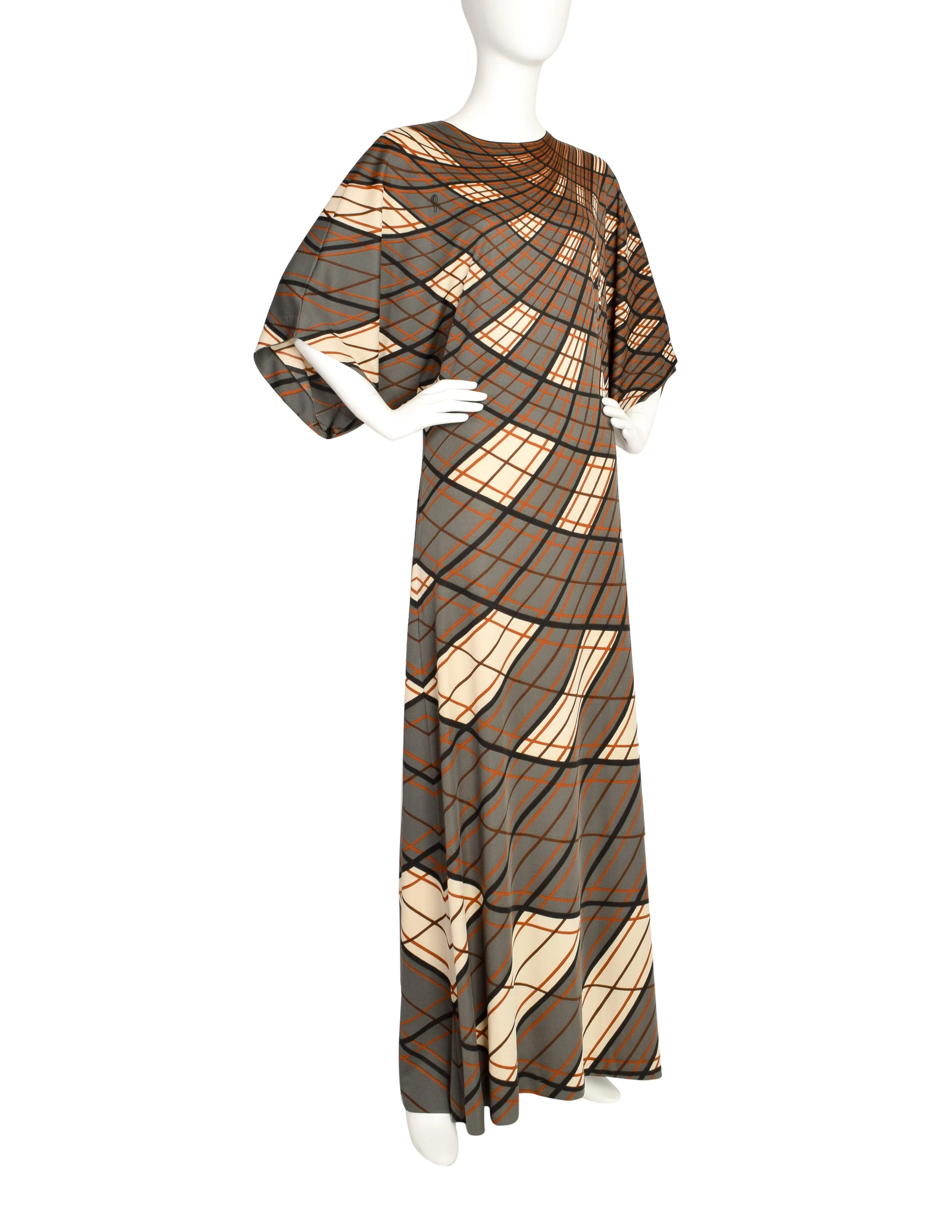 Roberta di Camerino Vintage 1978 Green and Brown Plaid Maxi Dress