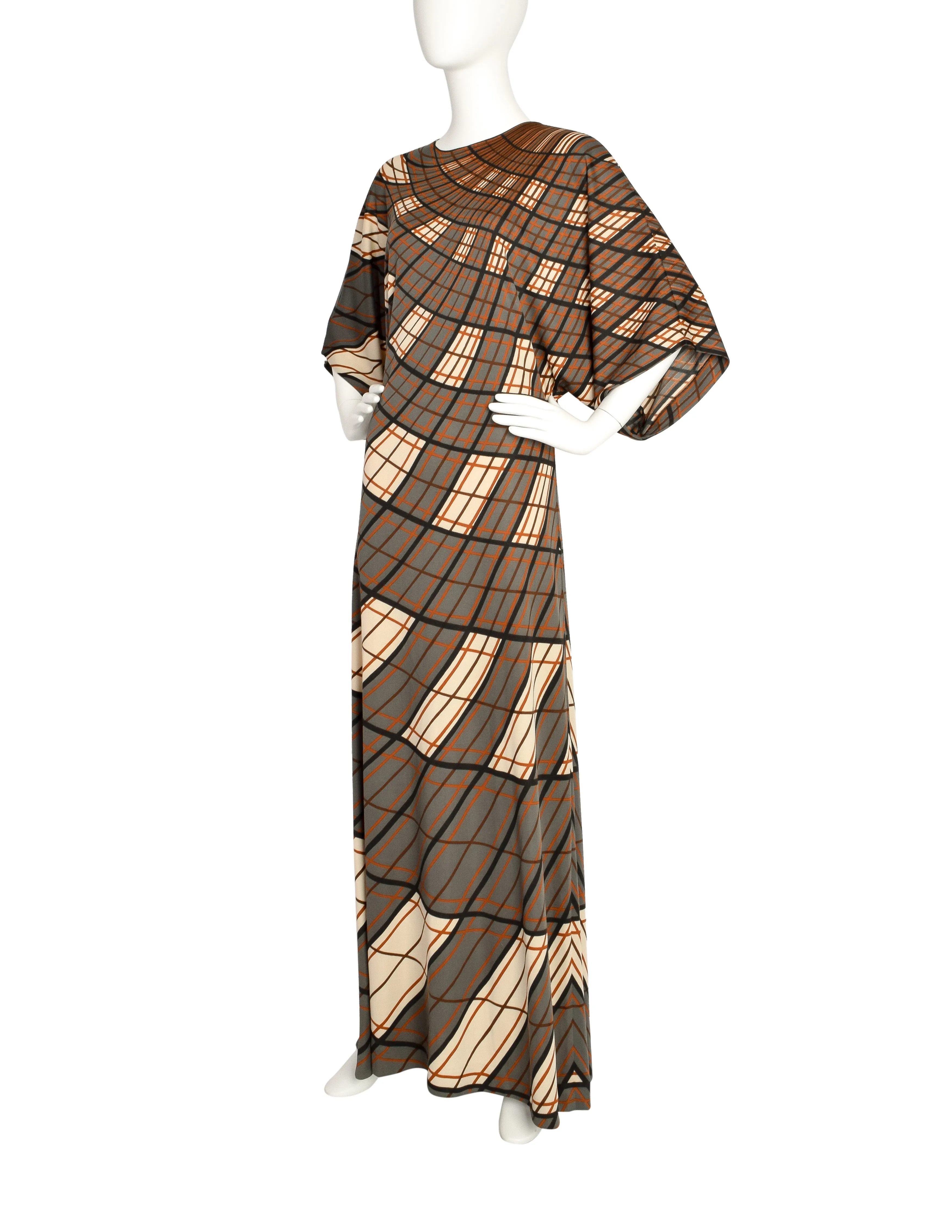 Roberta di Camerino Vintage 1978 Green and Brown Plaid Maxi Dress