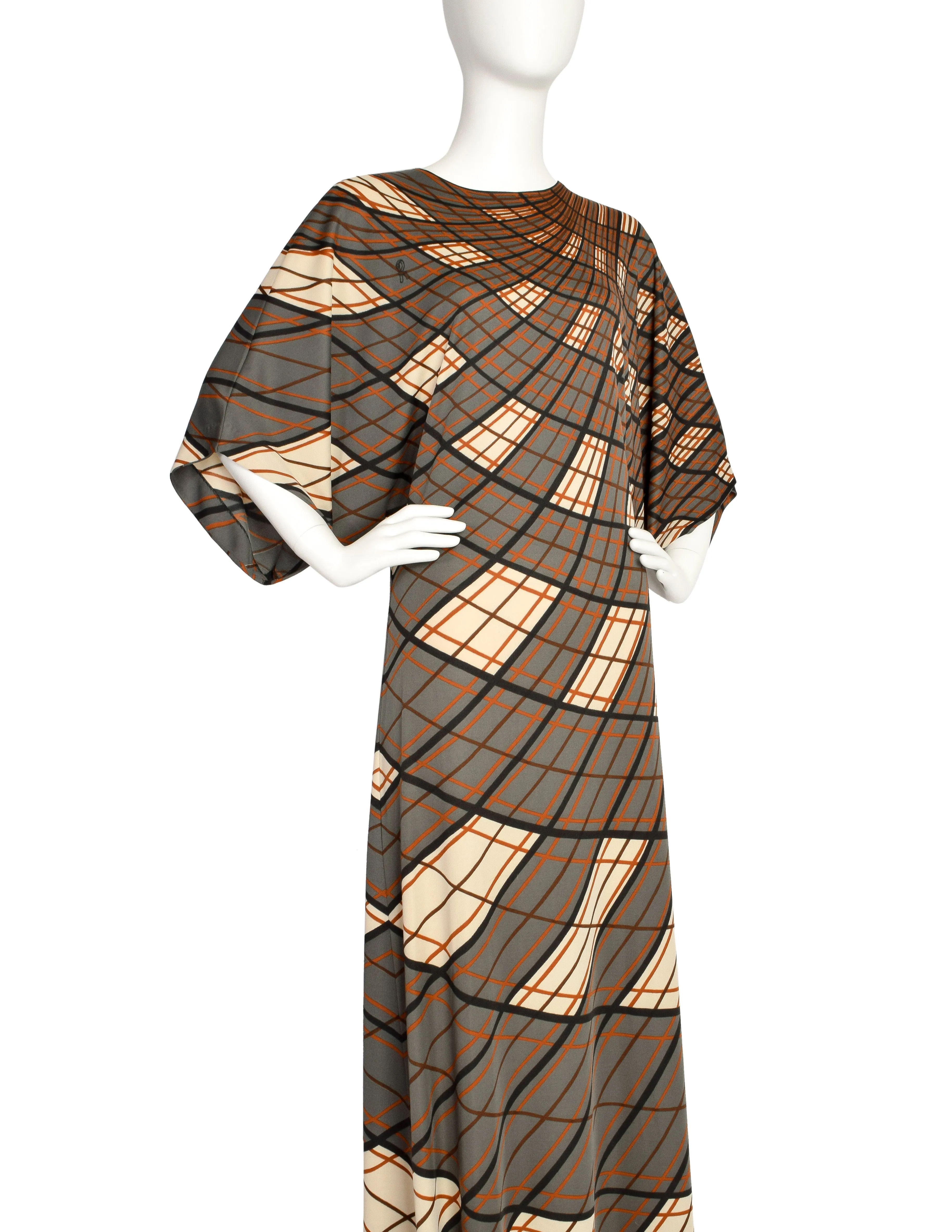 Roberta di Camerino Vintage 1978 Green and Brown Plaid Maxi Dress