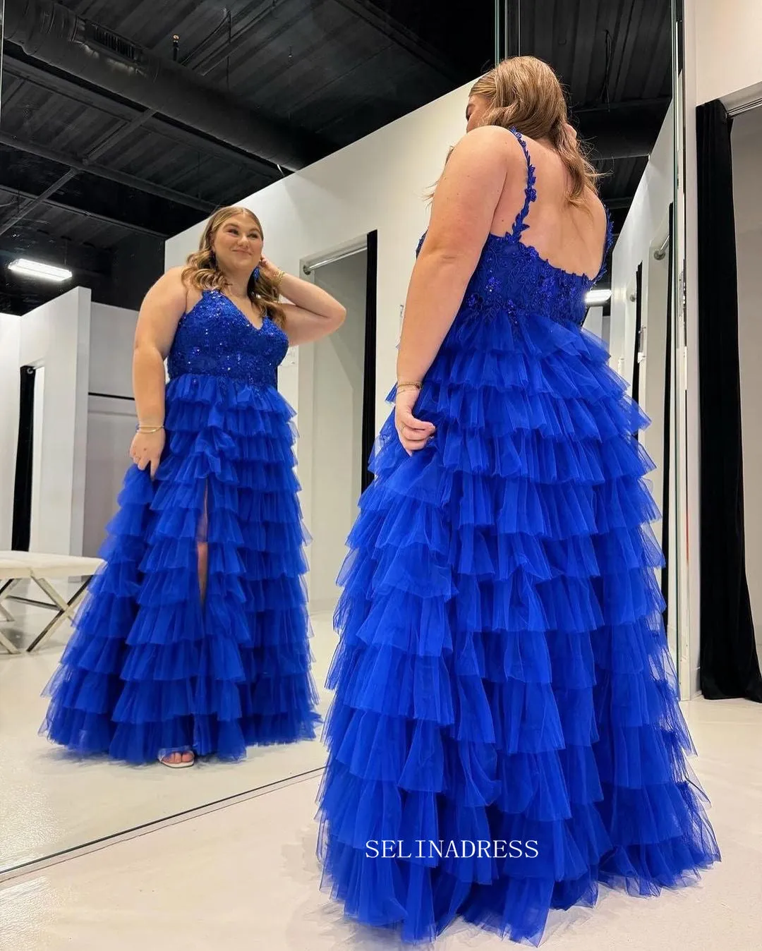 Royal Blue A-line Lace Long Prom Dress With Ruffle Skirt Evening Dress sew1036