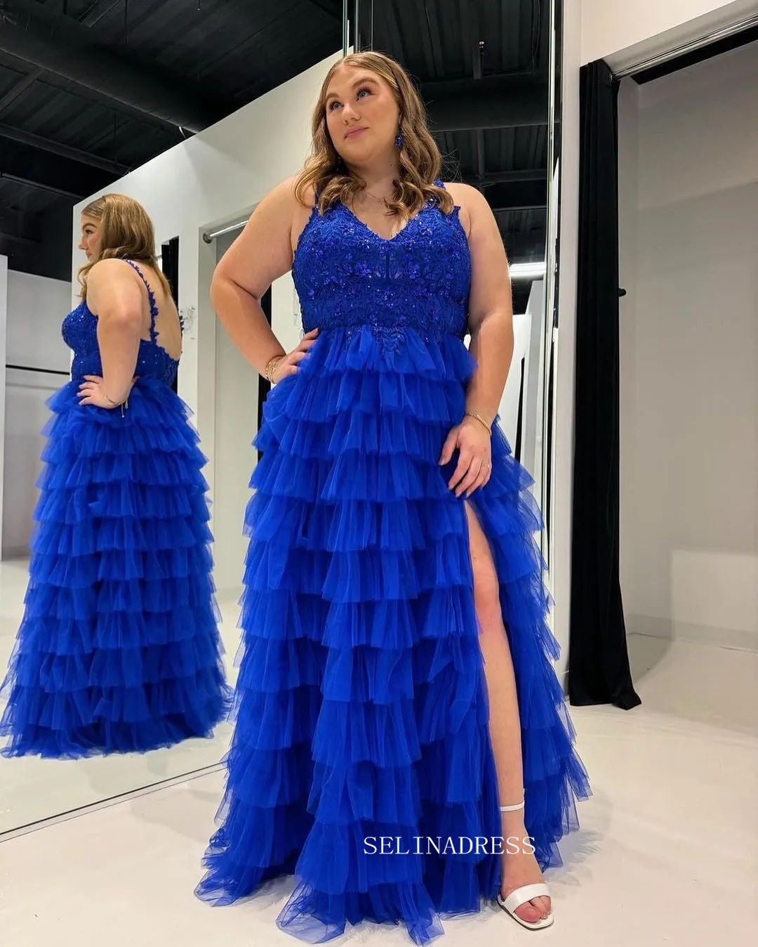 Royal Blue A-line Lace Long Prom Dress With Ruffle Skirt Evening Dress sew1036